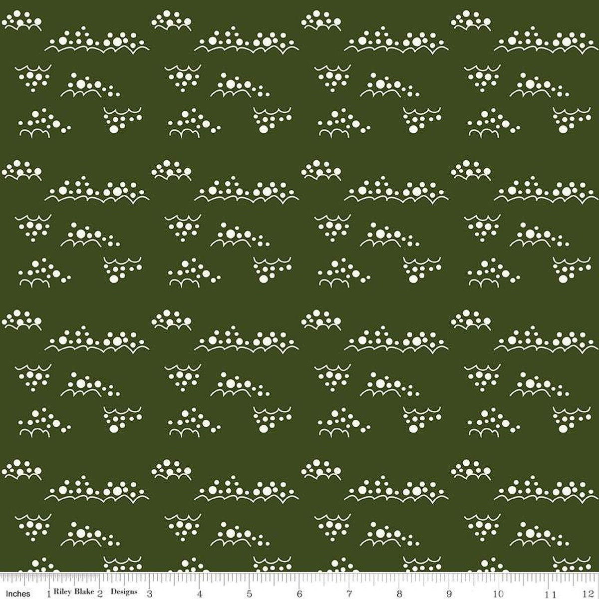 Image of Christmas Is in Town Snowballs Dark Green by Riley Blake Designs. Features clusters of white snowballs on a dark green background. 
Cute Little Fabric Shop