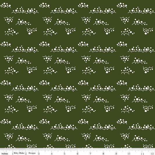 Image of Christmas Is in Town Snowballs Dark Green by Riley Blake Designs. Features clusters of white snowballs on a dark green background. 
Cute Little Fabric Shop
