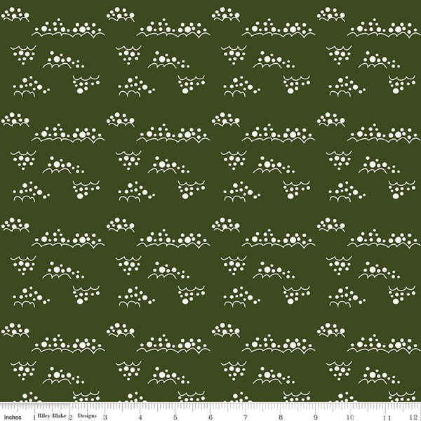 Image of Christmas Is in Town Snowballs Dark Green by Riley Blake Designs. Features clusters of white snowballs on a dark green background. 
Cute Little Fabric Shop