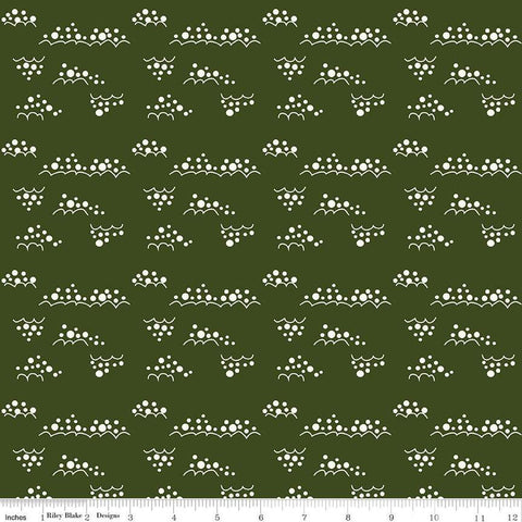 Image of Christmas Is in Town Snowballs Dark Green by Riley Blake Designs. Features clusters of white snowballs on a dark green background. 
Cute Little Fabric Shop