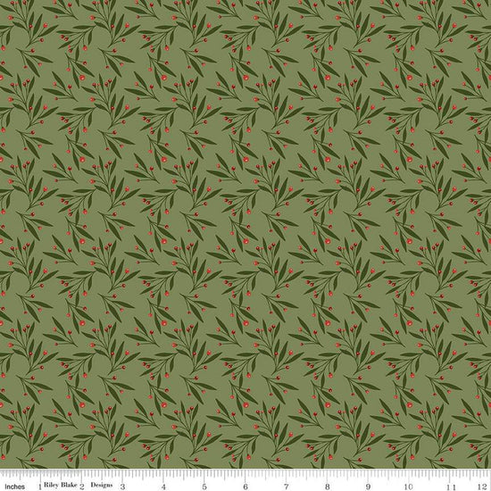Image of Christmas Is in Town Mistletoe Olive by Riley Blake Designs. Features scattered mistletoe with red berries on a green background. 
Cute Little Fabric Shop