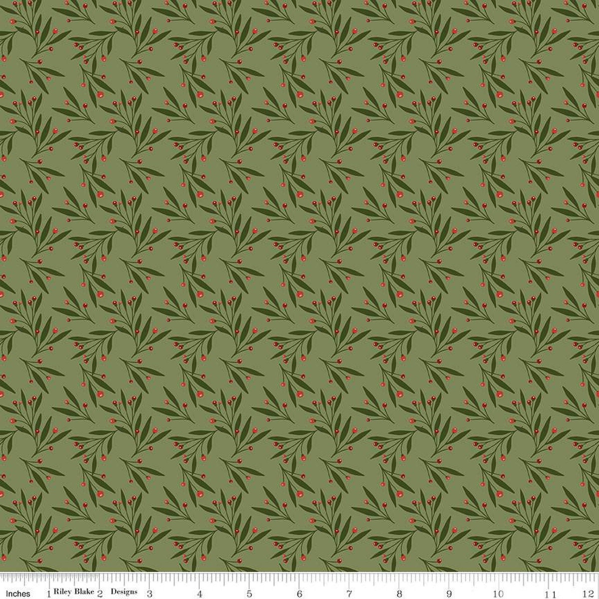 Image of Christmas Is in Town Mistletoe Olive by Riley Blake Designs. Features scattered mistletoe with red berries on a green background. 
Cute Little Fabric Shop