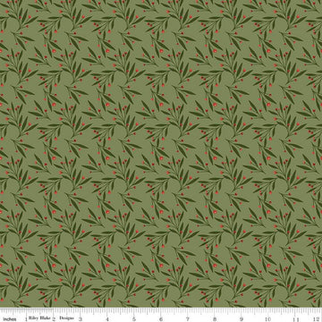 Image of Christmas Is in Town Mistletoe Olive by Riley Blake Designs. Features scattered mistletoe with red berries on a green background. 
Cute Little Fabric Shop