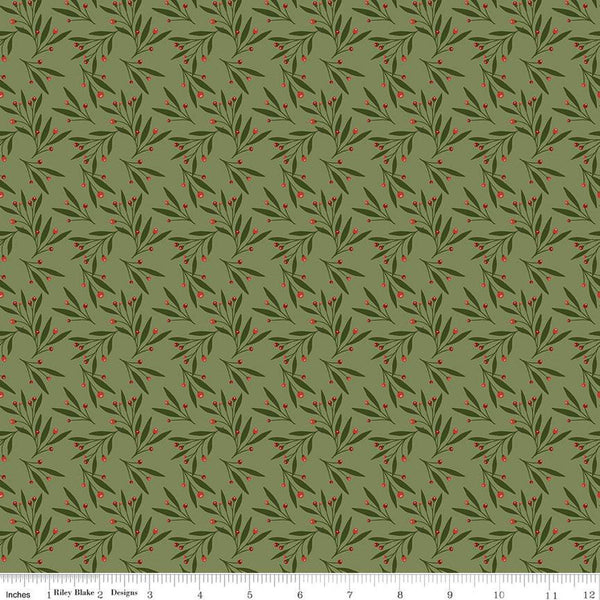 Image of Christmas Is in Town Mistletoe Olive by Riley Blake Designs. Features scattered mistletoe with red berries on a green background. 
Cute Little Fabric Shop