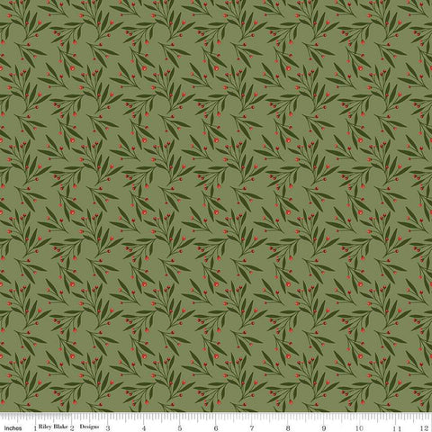 Image of Christmas Is in Town Mistletoe Olive by Riley Blake Designs. Features scattered mistletoe with red berries on a green background. 
Cute Little Fabric Shop