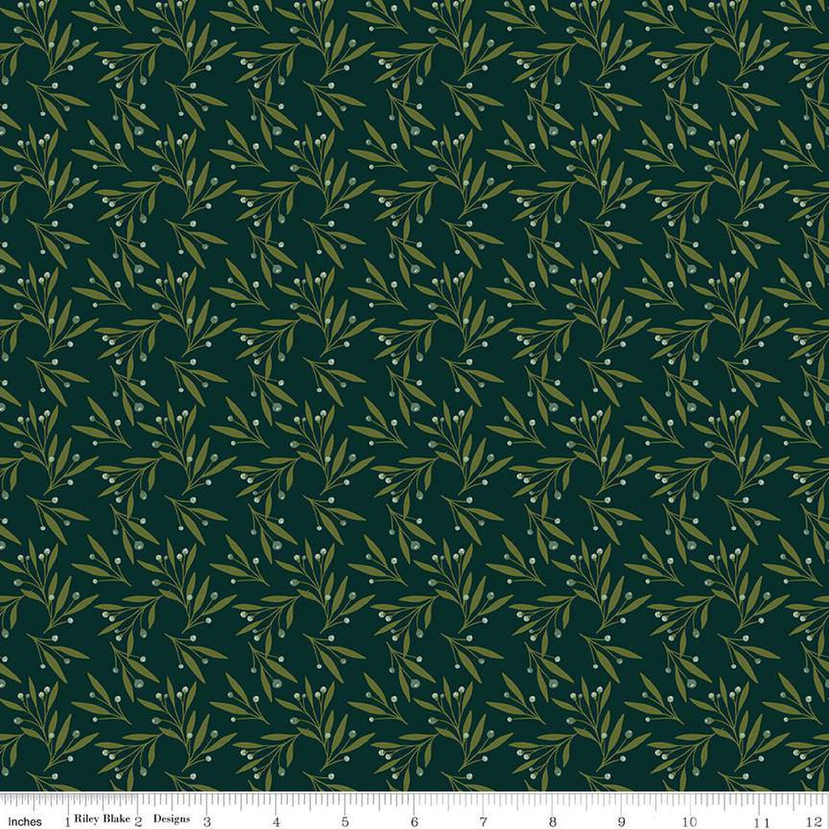 Image of Christmas Is in Town Mistletoe Forest by Riley Blake Designs. Features scattered mistletoe with cream berries on a green background. 
Cute Little Fabric Shop