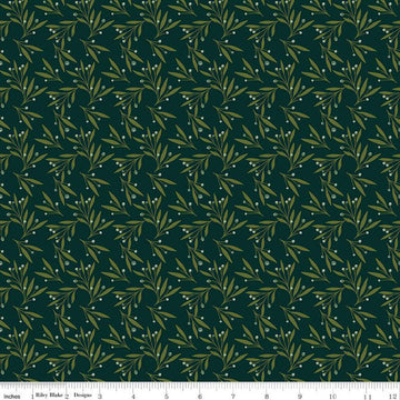 Image of Christmas Is in Town Mistletoe Forest by Riley Blake Designs. Features scattered mistletoe with cream berries on a green background. 
Cute Little Fabric Shop
