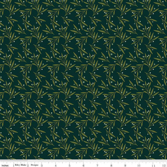 Image of Christmas Is in Town Mistletoe Forest by Riley Blake Designs. Features scattered mistletoe with cream berries on a green background. 
Cute Little Fabric Shop