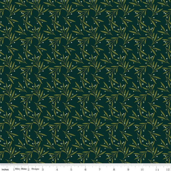 Image of Christmas Is in Town Mistletoe Forest by Riley Blake Designs. Features scattered mistletoe with cream berries on a green background. 
Cute Little Fabric Shop