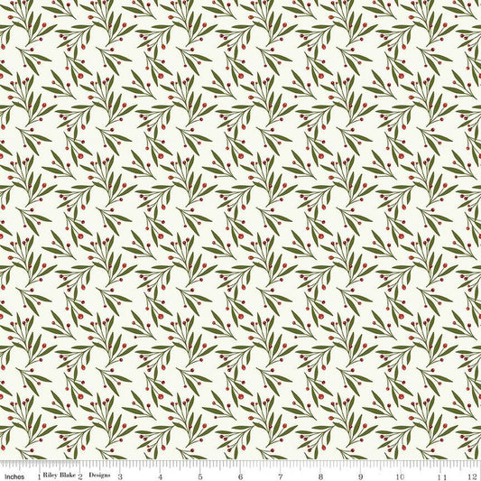 Image of Christmas Is in Town Mistletoe Cream by Riley Blake Designs. Features scattered mistletoe with red berries on a cream background. 
Cute Little Fabric Shop