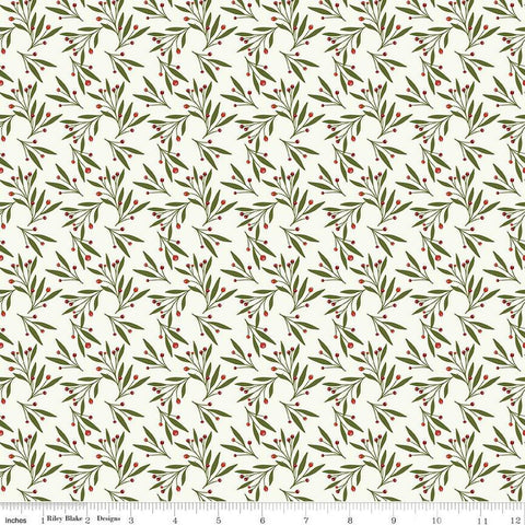 Image of Christmas Is in Town Mistletoe Cream by Riley Blake Designs. Features scattered mistletoe with red berries on a cream background. 
Cute Little Fabric Shop