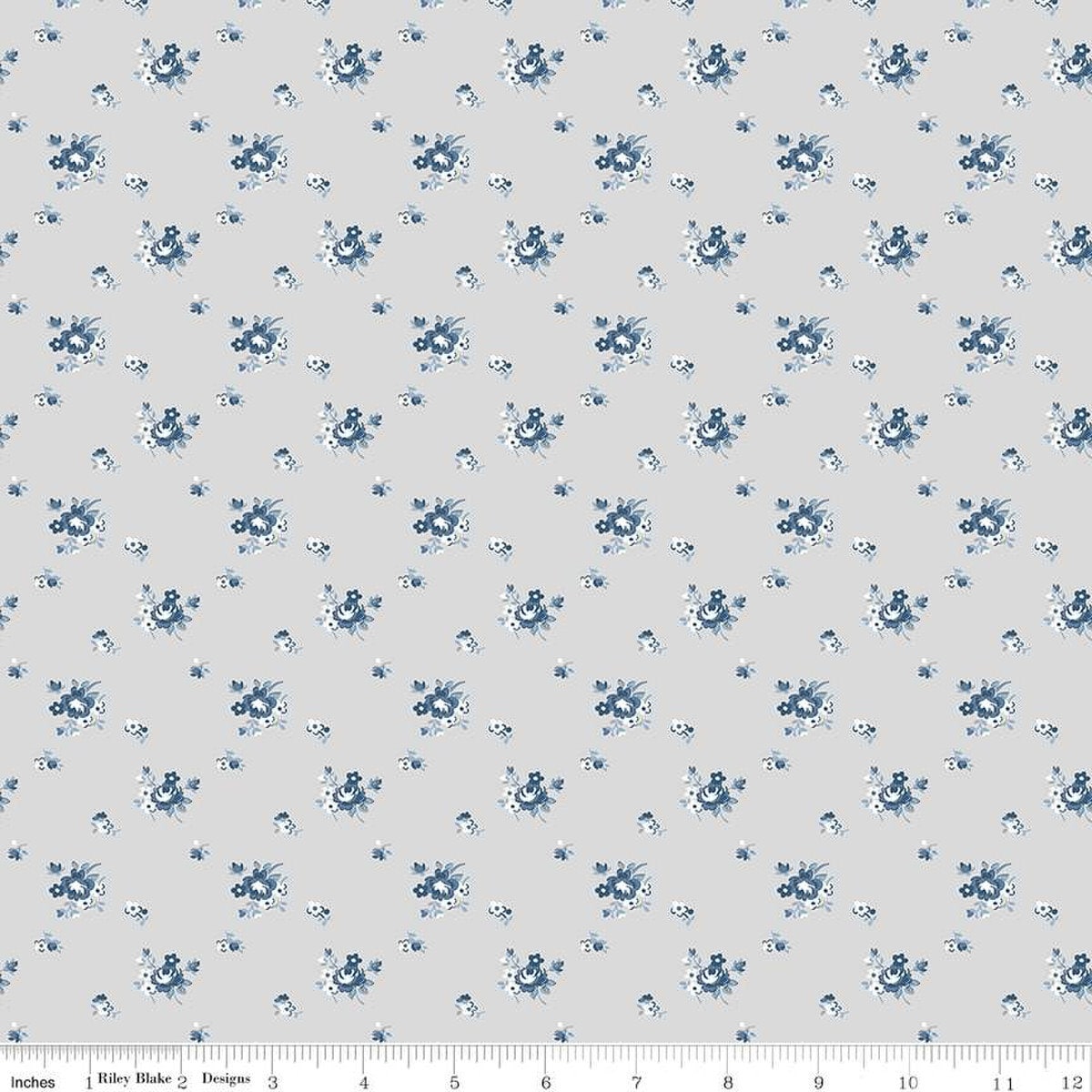 Image of the Serenity Blues Delicate Roses Taupe quilting cotton fabric by Gerri Robinson for Riley Blake Designs. Features scattered roses and small blossoms on a light gray background. 
Cute Little Fabric Shop