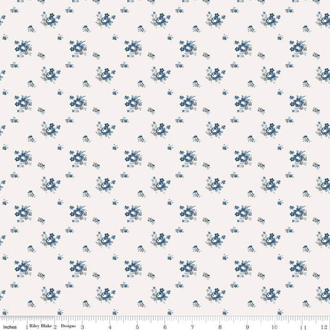 Image of the Serenity Blues Delicate Roses Cream quilting cotton fabric by Gerri Robinson for Riley Blake Designs. Features scattered flowers and small blossoms on a cream white background. 
Cute Little Fabric Shop