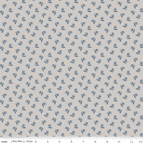 Image of the Serenity Blues Tiny Floral Taupe quilting cotton fabric by Gerri Robinson for Riley Blake Designs. Features scattered blossoms and sprigs of leaves on a light gray background. 
Cute Little Fabric Shop