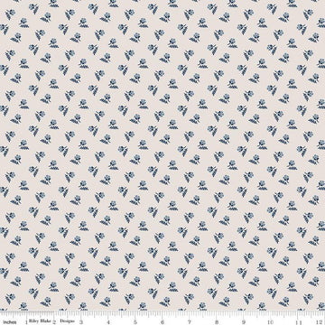 Image of the Serenity Blues Tiny Floral Beige quilting cotton fabric by Gerri Robinson for Riley Blake Designs. Features scattered blossoms and sprigs of leaves on a light tan beige background. 
Cute Little Fabric Shop