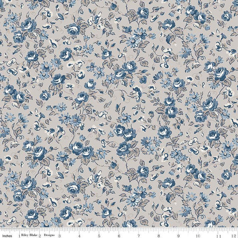 Image of the Serenity Blues Flower Toss Taupe quilting cotton fabric by Gerri Robinson for Riley Blake Designs. Features tossed sprigs of flowers and leaves on a light gray background. 
Cute Little Fabric Shop