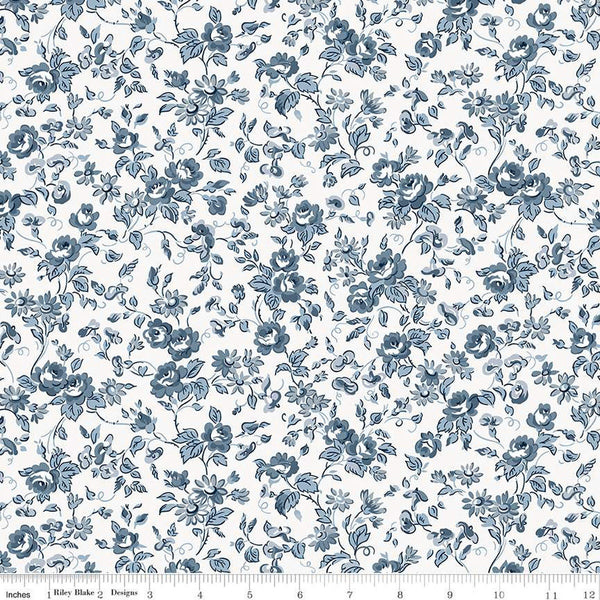 Image of the Serenity Blues Flower Toss Cloud quilting cotton fabric by Gerri Robinson for Riley Blake Designs. Features tossed sprigs of flowers and leaves on a cloud white background. 
Cute Little Fabric Shop