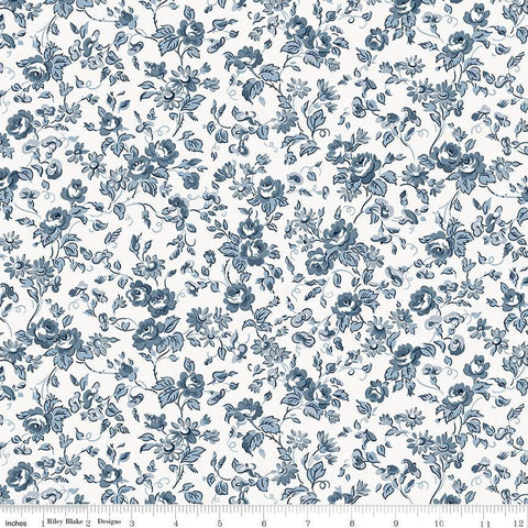 Image of the Serenity Blues Flower Toss Cloud quilting cotton fabric by Gerri Robinson for Riley Blake Designs. Features tossed sprigs of flowers and leaves on a cloud white background. 
Cute Little Fabric Shop