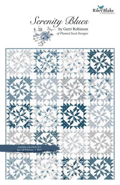 Image of the Serenity Blues storyboard. Featuring a quilt made with the blue, grey, and white floral quilting cotton fabrics. 
Cute Little Fabric Shop