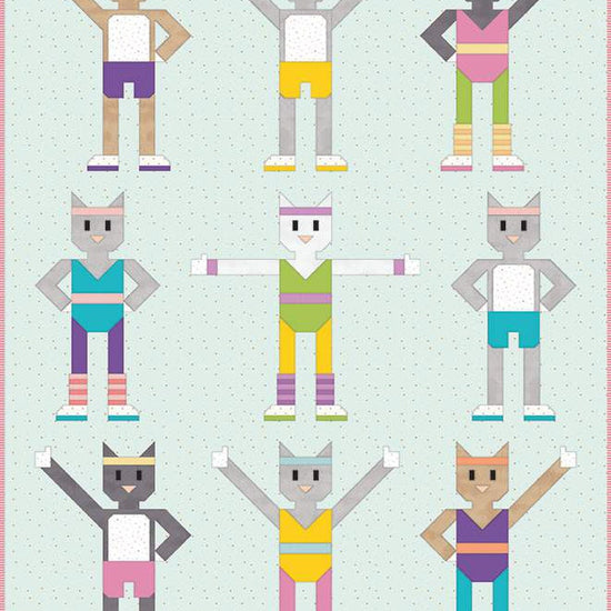 Art East Quilting Co. Catrobics quilt pattern by Art East Quilting Co. for Riley Blake Designs. Features the front of the pattern, with 9 cats in workout gear in various poses. 
Cute Little Fabric Shop