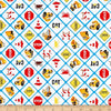 Image of Buildin Crew Signs White from the CAT licensed collection for Riley Blake Designs. Features construction signs on white tiles with a light blue background. 
Cute Little Fabric Shop