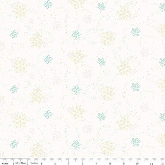 Image of In From the Cold Snowflakes White by Riley Blake Designs. Features scattered snowflakes on a dotted white background.
Cute Little Fabric Shop