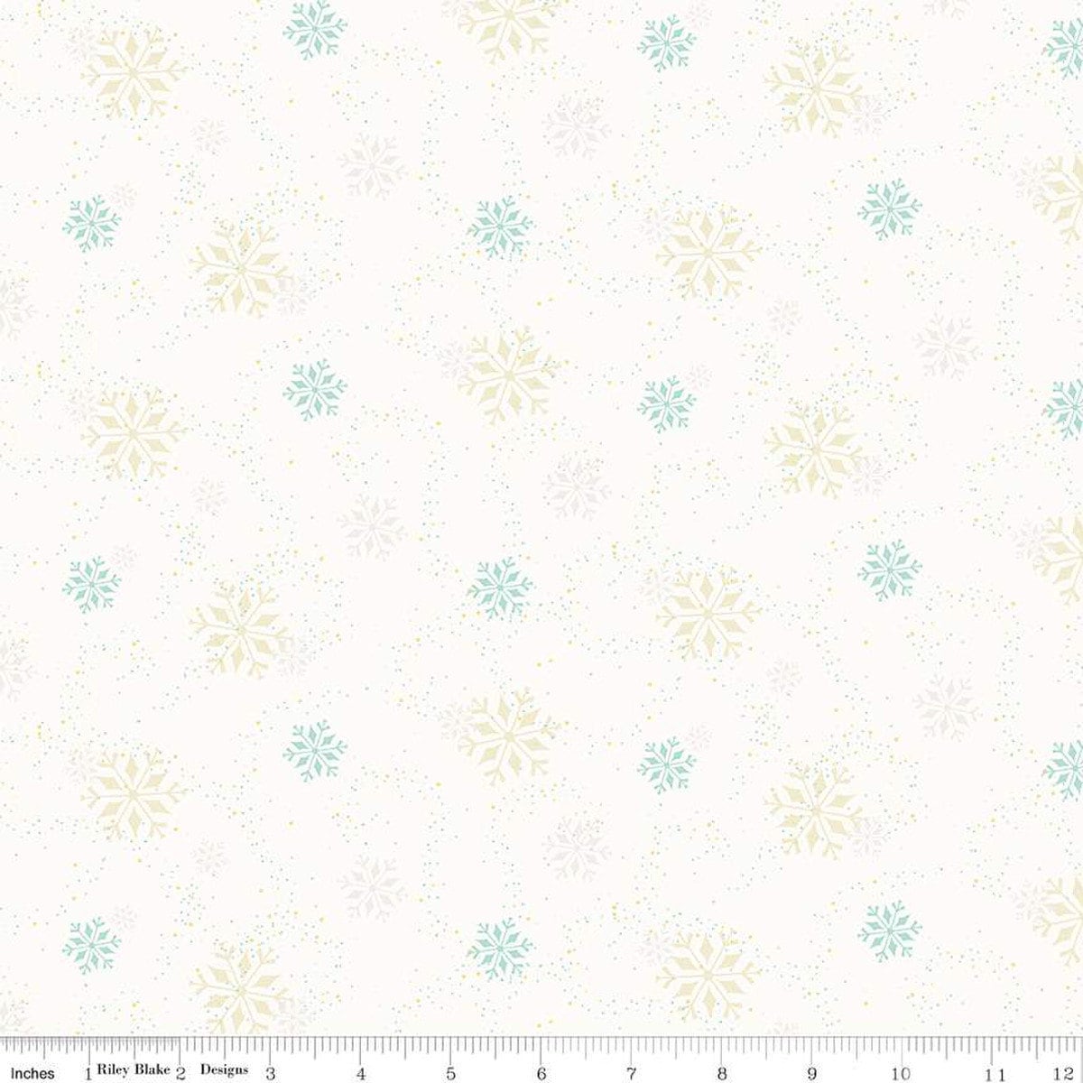 Image of In From the Cold Snowflakes White by Riley Blake Designs. Features scattered snowflakes on a dotted white background.
Cute Little Fabric Shop
