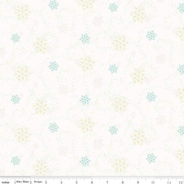 Image of In From the Cold Snowflakes White by Riley Blake Designs. Features scattered snowflakes on a dotted white background.
Cute Little Fabric Shop