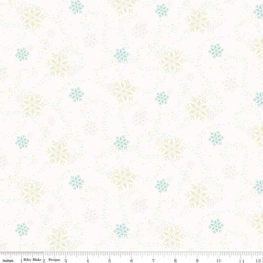 Image of In From the Cold Snowflakes White by Riley Blake Designs. Features scattered snowflakes on a dotted white background.
Cute Little Fabric Shop