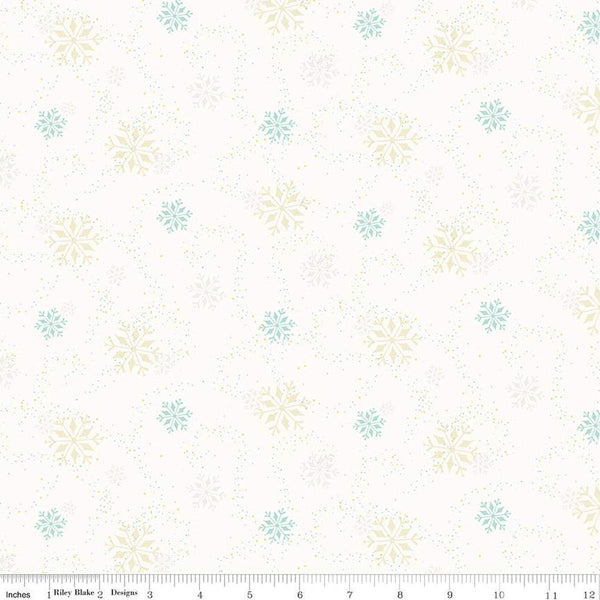 Image of In From the Cold Snowflakes White by Riley Blake Designs. Features scattered snowflakes on a dotted white background.
Cute Little Fabric Shop