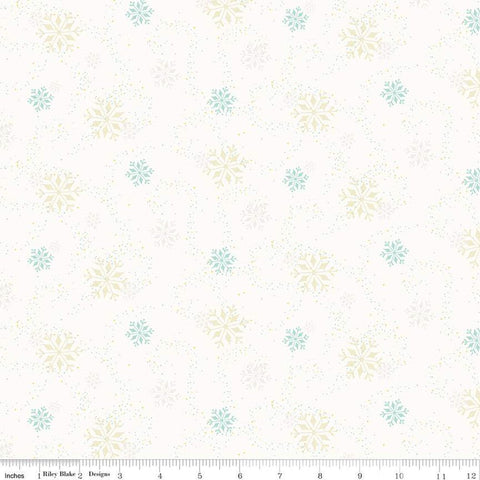 Image of In From the Cold Snowflakes White by Riley Blake Designs. Features scattered snowflakes on a dotted white background.
Cute Little Fabric Shop