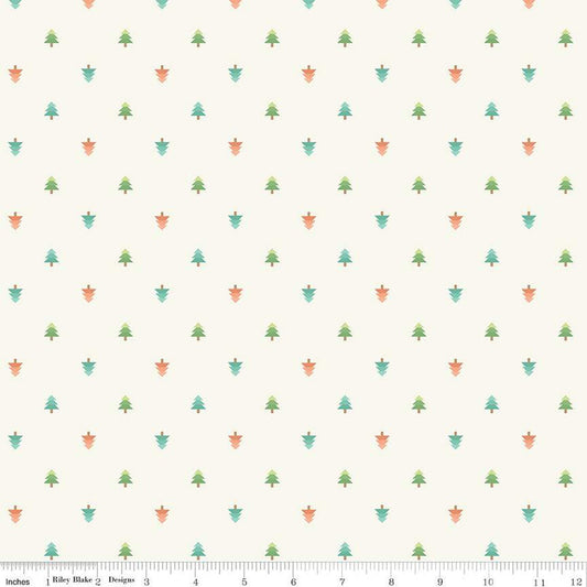 Image of In From the Cold Trees Cream by Riley Blake Designs. Features geometric pine trees on a cream white background. 
Cute Little Fabric Shop