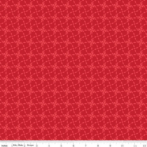 Image of In From the Cold Pinwheels Red by Riley Blake Designs. Features a  geometric tone on tone pinwheel pattern on a red background. 
Cute Little Fabric Shop