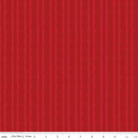 Image of In From the Cold Knit Red by Riley Blake Designs. Features a cable knit tone on tone stripe on a red background. 
Cute Little Fabric Shop