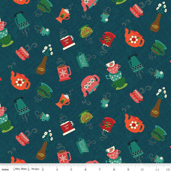 Image of In From the Cold Cups Navy by Riley Blake Designs. Features a pattern of cups, mugs, and teapots on a navy background. 
Cute Little Fabric Shop