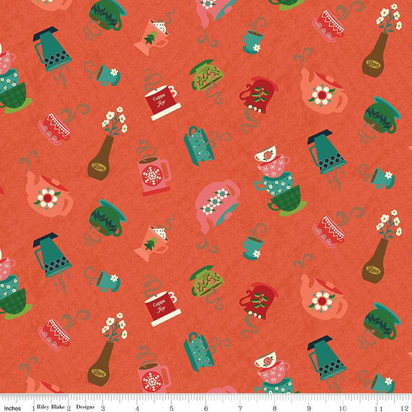 Image of In From the Cold Cups Coral by Riley Blake Designs. Features a pattern of cups, mugs, and teapots on a coral background. 
Cute Little Fabric Shop