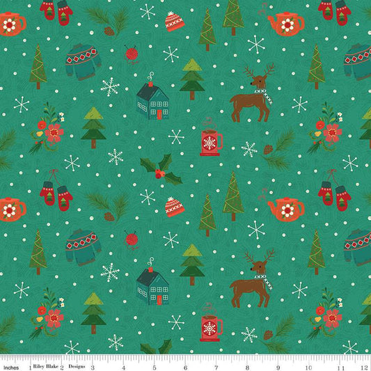 Image of In From the Cold Winter Mix Teal by Riley Blake Designs. Features a pattern of winter icons such as holly, mugs, cabins, trees, and deer on a teal green background.
Cute Little Fabric Shop