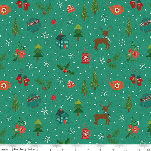 Image of In From the Cold Winter Mix Teal by Riley Blake Designs. Features a pattern of winter icons such as holly, mugs, cabins, trees, and deer on a teal green background.
Cute Little Fabric Shop