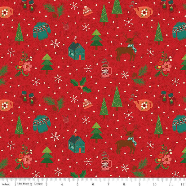 Image of In From the Cold Winter Mix Red by Riley Blake Designs. Features a pattern of winter icons such as holly, mugs, cabins, trees, and deer on a red background.
Cute Little Fabric Shop