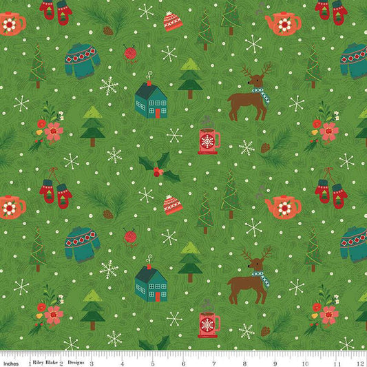 Image of In From the Cold Winter Mix Green by Riley Blake Designs. Features a pattern of winter icons such as holly, mugs, cabins, trees, and deer on a green background.
Cute Little Fabric Shop