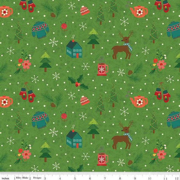 Image of In From the Cold Winter Mix Green by Riley Blake Designs. Features a pattern of winter icons such as holly, mugs, cabins, trees, and deer on a green background.
Cute Little Fabric Shop