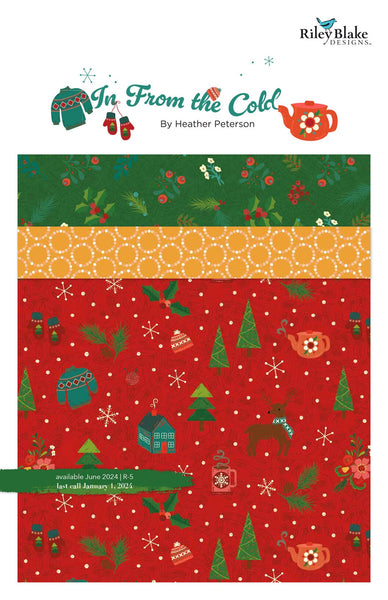 Picture of the In From the Cold Storyboard by Riley Blake Designs. Features the main red fabric with coordinating yellow and green fabrics. 
Cute Little Fabric Shop