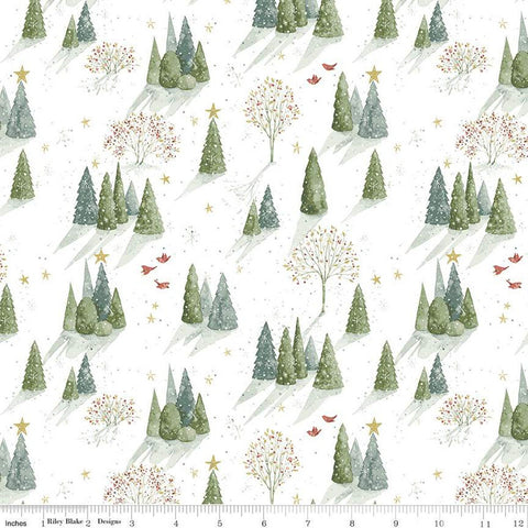 Image of the Magical Winterland Trees Snow quilting cotton fabric by Riley Blake Designs. Features scattered trees on a white snow background. 
Cute Little Fabric Shop