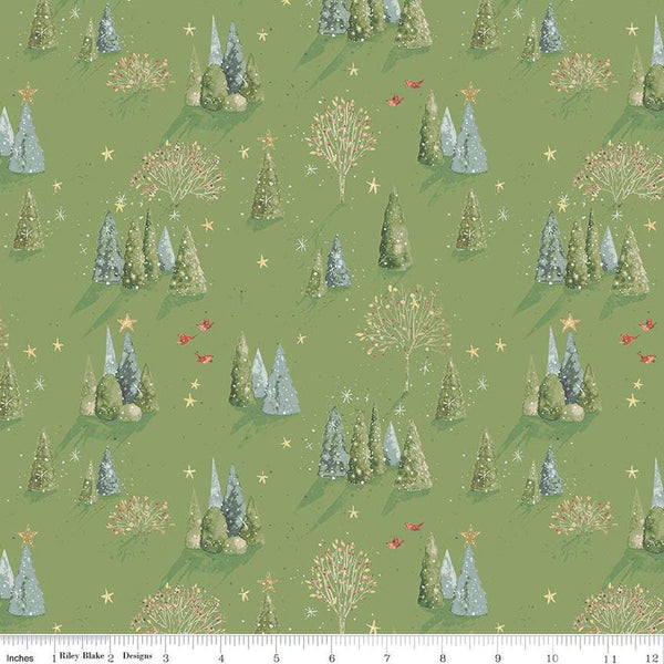 Image of the Magical Winterland Trees Clover quilting cotton fabric by Riley Blake Designs. Features scattered trees on a green background. 
Cute Little Fabric Shop