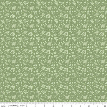 Image of the Magical Winterland Tonal Green quilting cotton fabric by Riley Blake Designs. Features tossed sprigs of leaves on a green background. 
Cute Little Fabric Shop