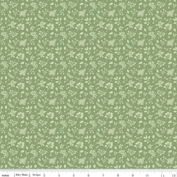 Image of the Magical Winterland Tonal Green quilting cotton fabric by Riley Blake Designs. Features tossed sprigs of leaves on a green background. 
Cute Little Fabric Shop