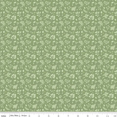 Image of the Magical Winterland Tonal Green quilting cotton fabric by Riley Blake Designs. Features tossed sprigs of leaves on a green background. 
Cute Little Fabric Shop