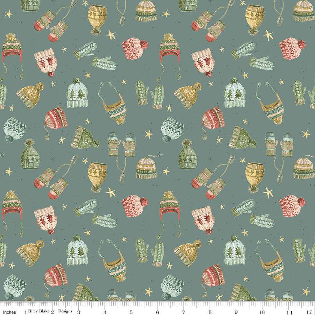 Image of the Magical Winterland Knitwear Winter quilting cotton fabric by Riley Blake Designs. Features tossed hats and mittens on a winter blue background. 
Cute Little Fabric Shop