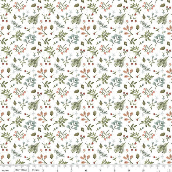 Image of the Magical Winterland Foliage Snow quilting cotton fabric by Riley Blake Designs. Features a quilt design with leaves, berries, sprigs, and stars on a 
white background. 
Cute Little Fabric Shop
