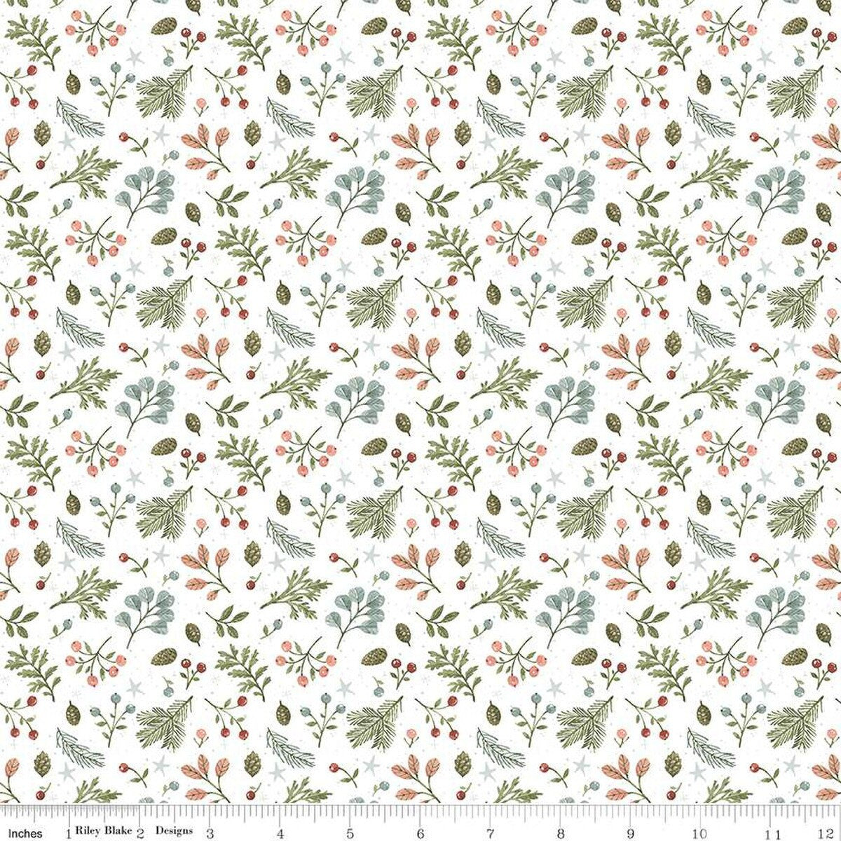 Image of the Magical Winterland Foliage Snow quilting cotton fabric by Riley Blake Designs. Features a quilt design with leaves, berries, sprigs, and stars on a 
white background. 
Cute Little Fabric Shop